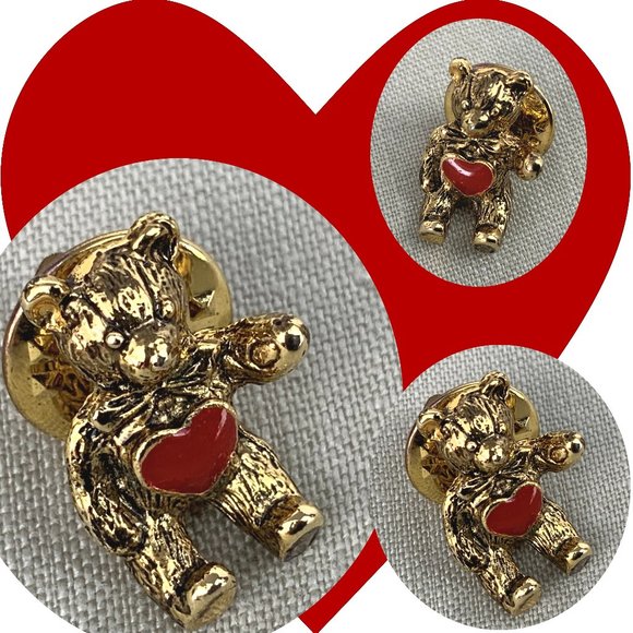 Vintage Jewelry - Vintage Red Enamel Heart Teddy Bear Gold Tone Small Pin
